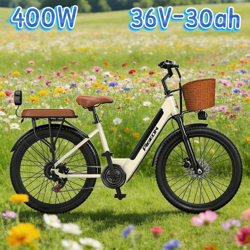 24-inch wear-resistant tire electric bike, 400W 36V30AH capacity battery electric bicycle, adult ebike with basket and rear seat
