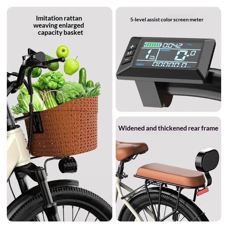 24-inch wear-resistant tire electric bike, 400W 36V30AH capacity battery electric bicycle, adult ebike with basket and rear seat